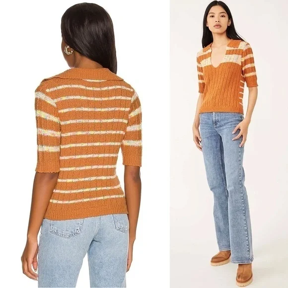 FREE PEOPLE 70s Cropped V-Neck Chunky Knit Striped Short Sleeve Henley Sweater S - Picture 4 of 14